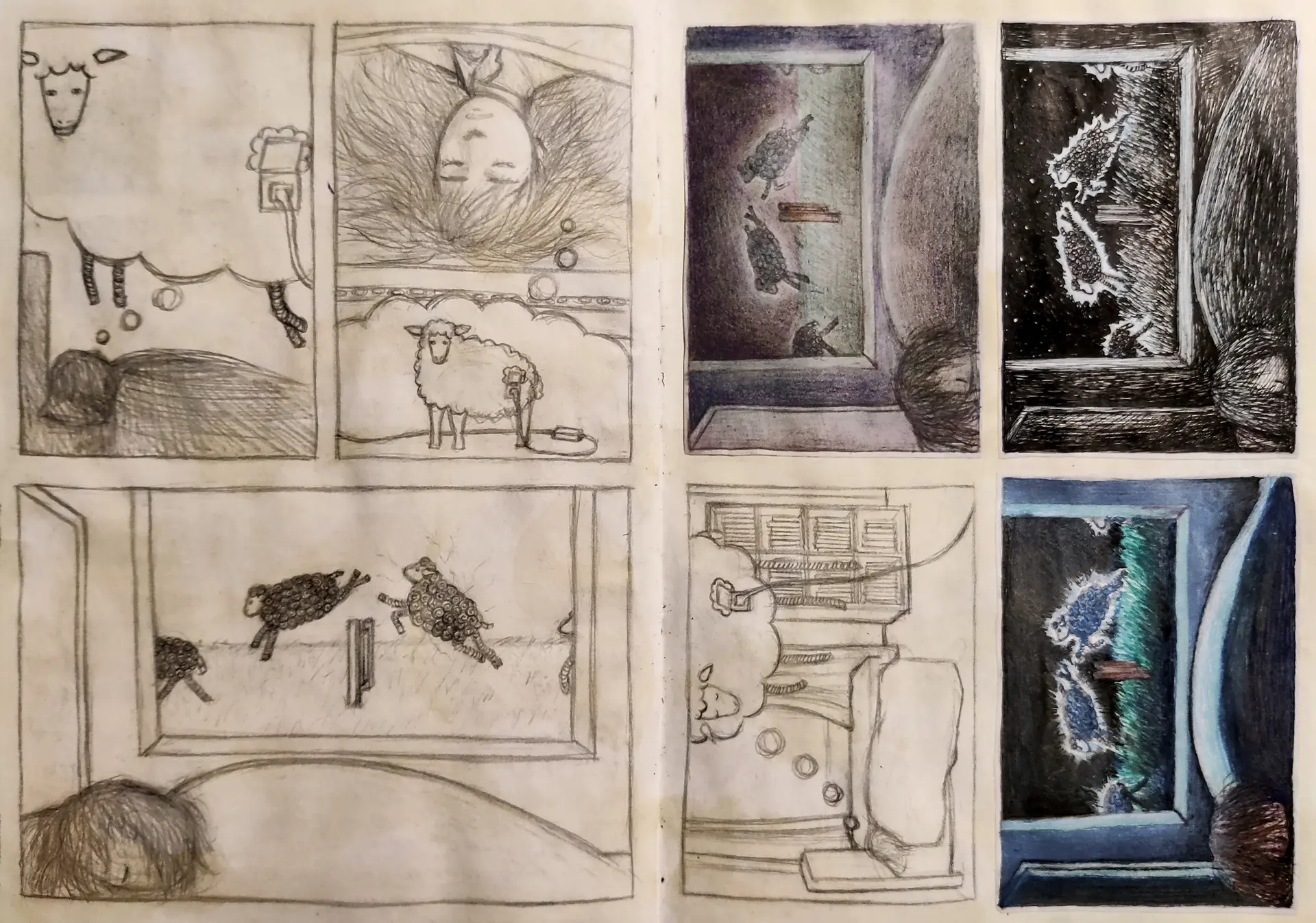 Spread with thumbnail sketches for the 'sweet dreams, automaton' piece.