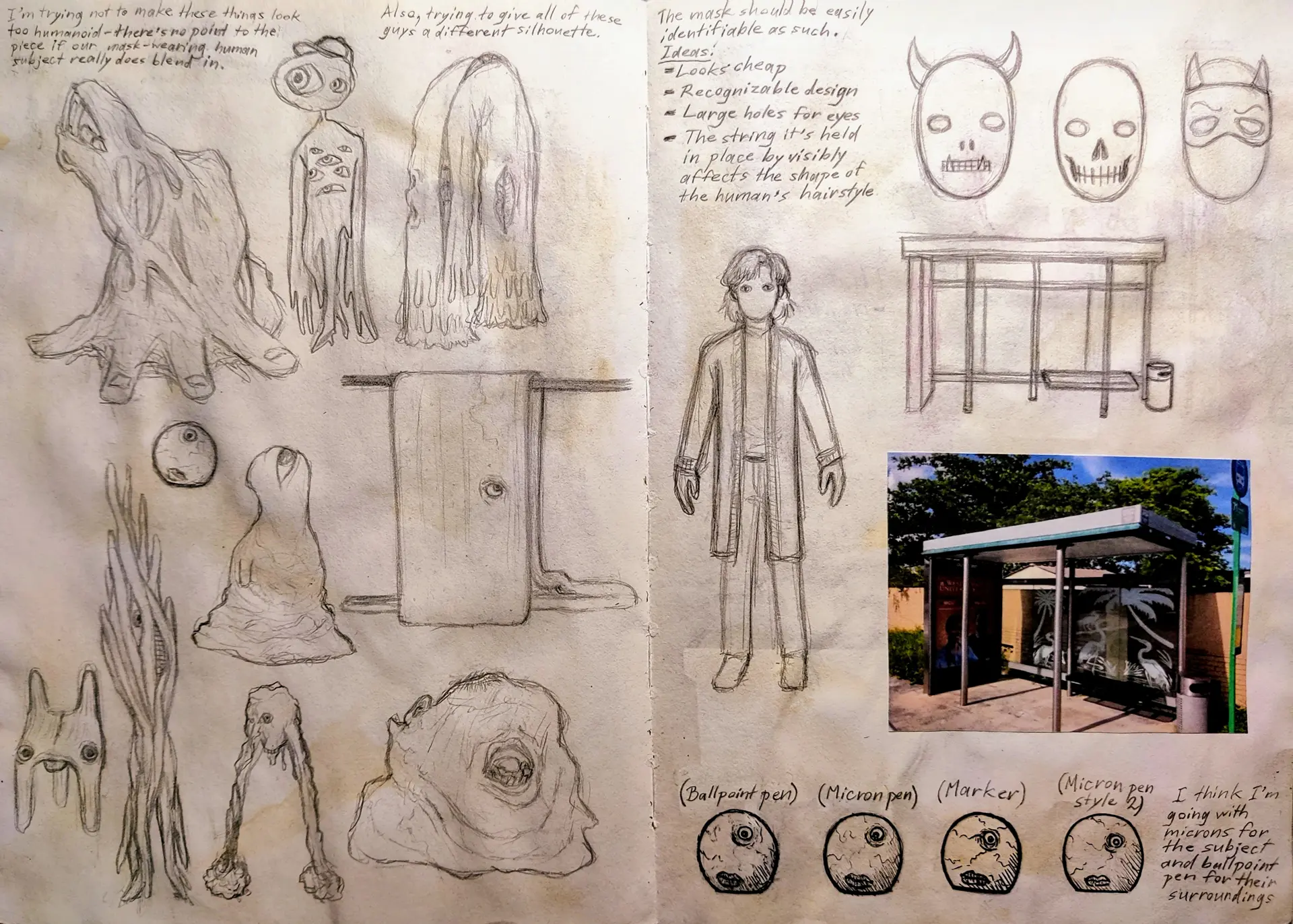 Spread with concept designs for the 'BUS STOP FREAK' piece.
