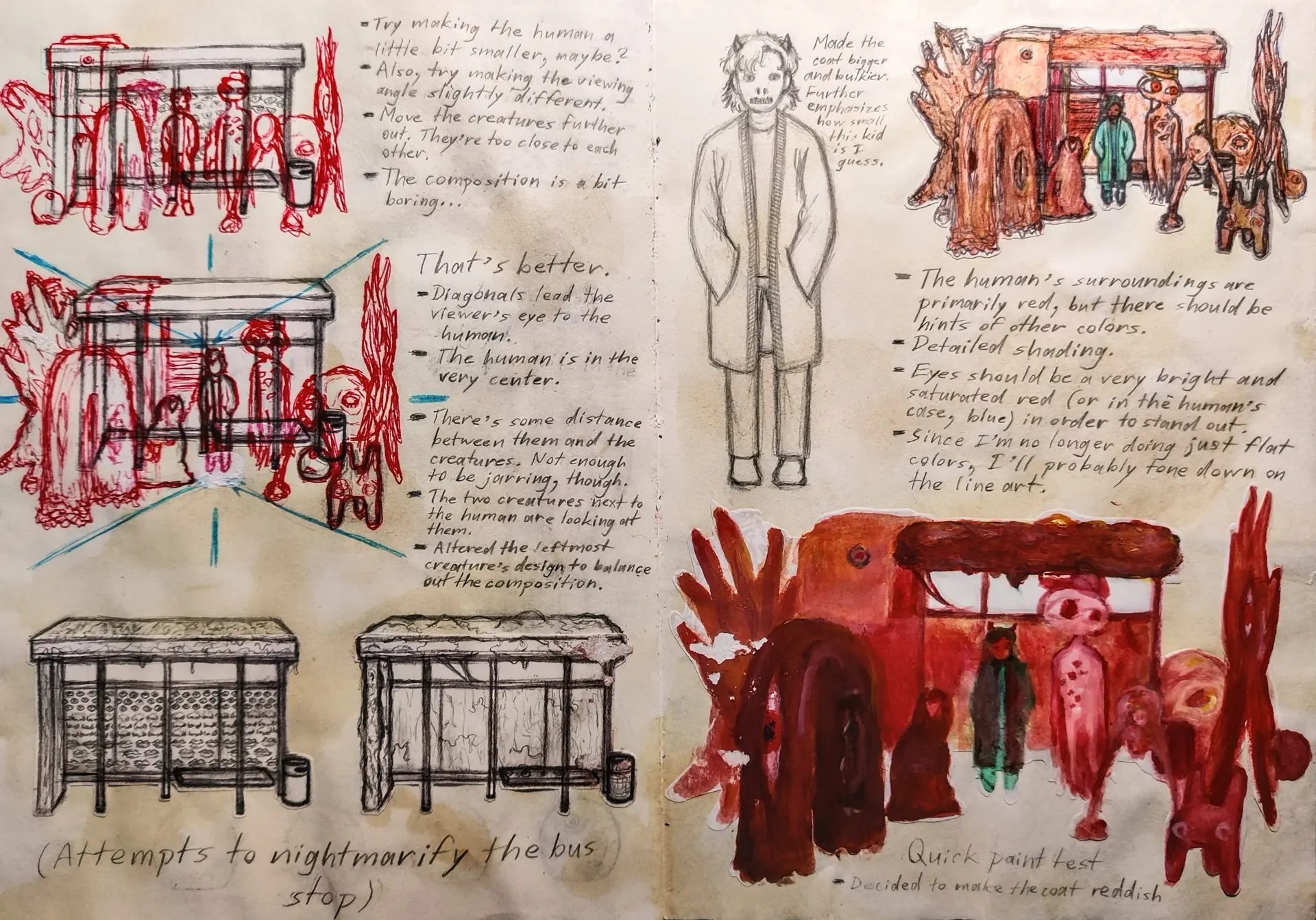 Spread detailing plans for the piece's composition and color palette.