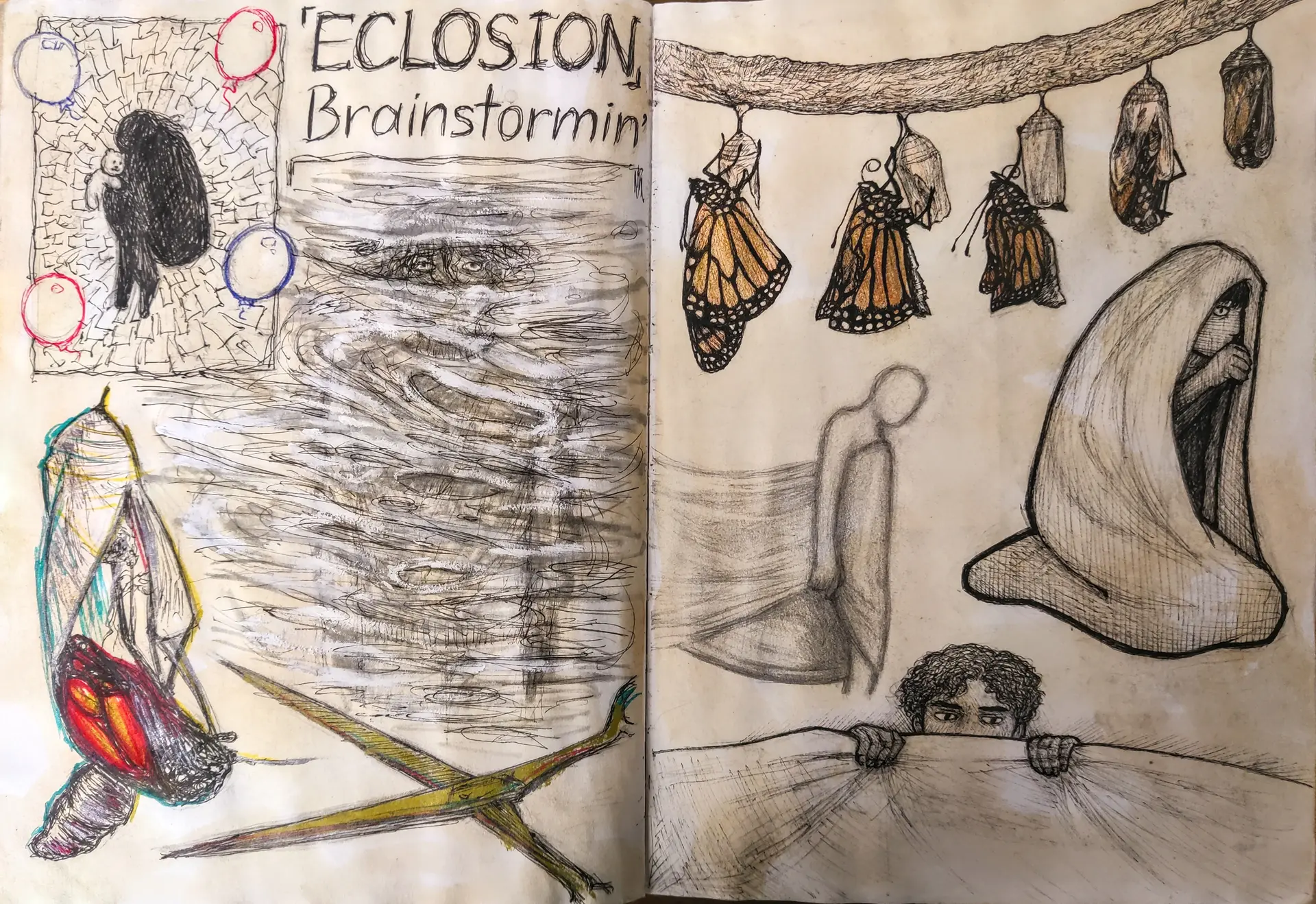 Spread with a brainstorming exercise based around the word 'eclosion'.