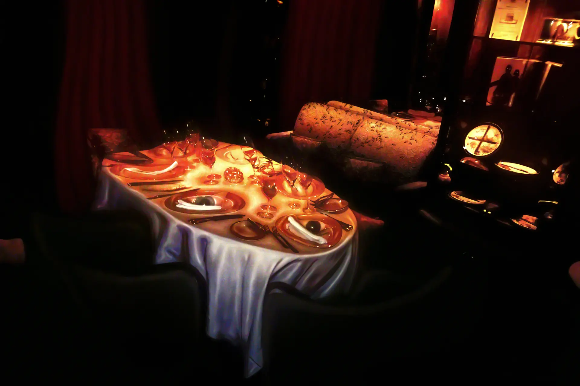 Surrealist depiction of my worst childhood memories, in the form of a nightmarish dining room filled with symbolic items. Contains a cross on a decorative plate, a photo of ominous adult-sized shadowy figures, and a sofa covered with ants.