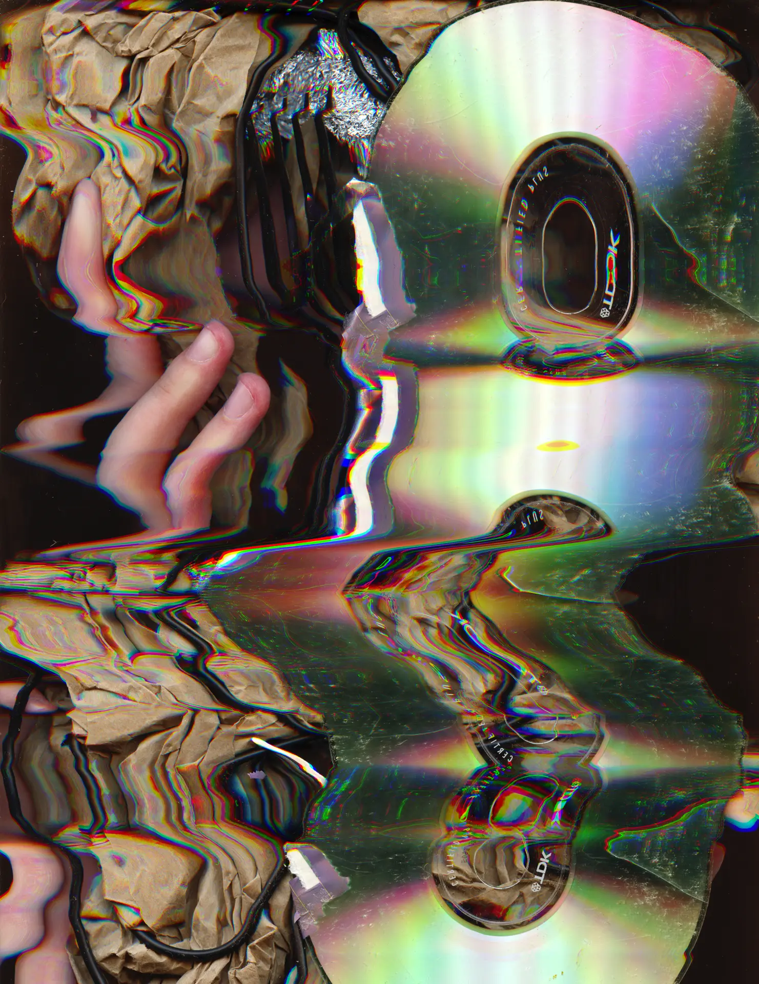 Digital scan of seemingly melting scuffed CDs, tinfoil, wires, and torn napkins, held up by glitchy pink fingers. A chromatic aberration artifact punctuates the composition, most prominent over its more 'fluid' parts.