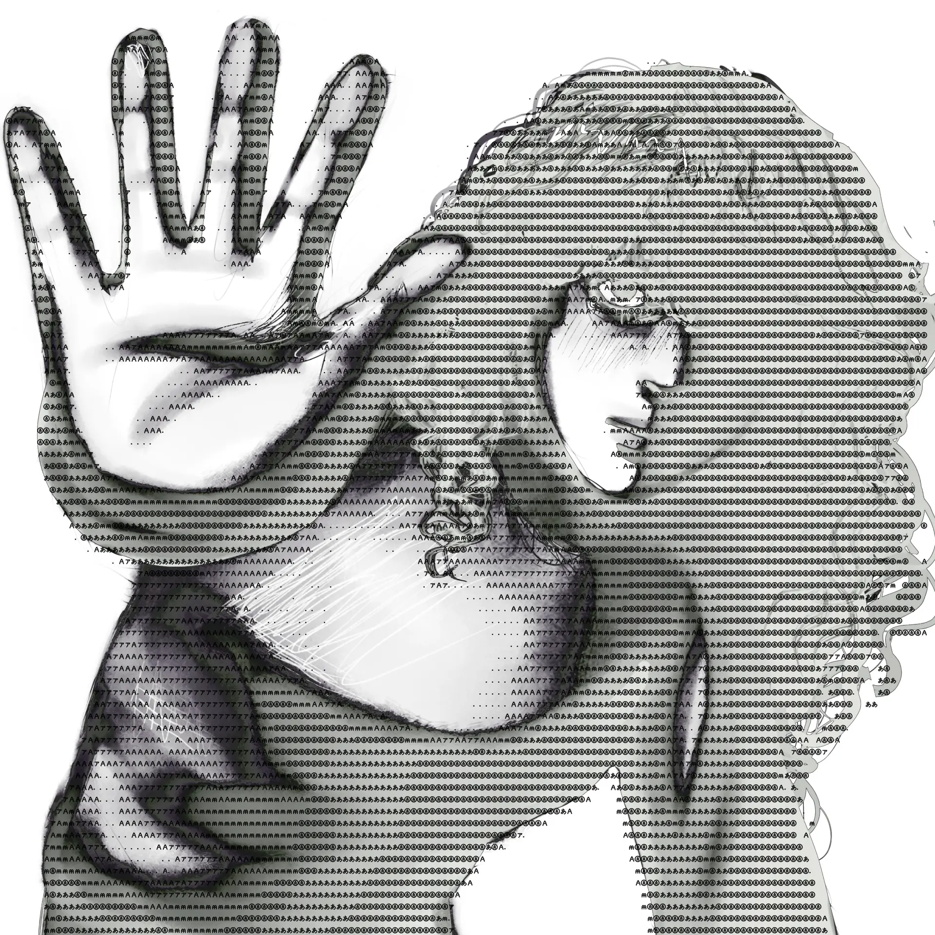 Digital painting of a terrified girl reaching her hand out to the viewer, shaded with an overlay of various Unicode symbols for the letter A. It is unclear whether she is reaching out for help or gesturing the viewer to get away.