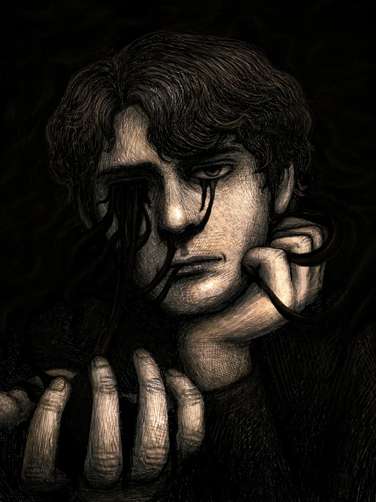 Black and white portrait of a man surrounded by a dark, viscous substance, some of which is oozing from — or, perhaps, making its way into — his eyes and nose. The atmosphere is gloomy and it seems as if the man has surrendered himself to the substance, wearing a melancholy yet peaceful expression. His one remaining eye stares back at the viewer.