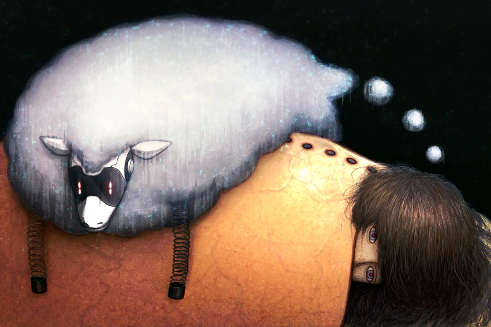 Semi-realistic illustration of a child under a blanket of human skin. Atop them, rests a robotic sheep, seemingly emerging from a thought bubble coming from said child's head.