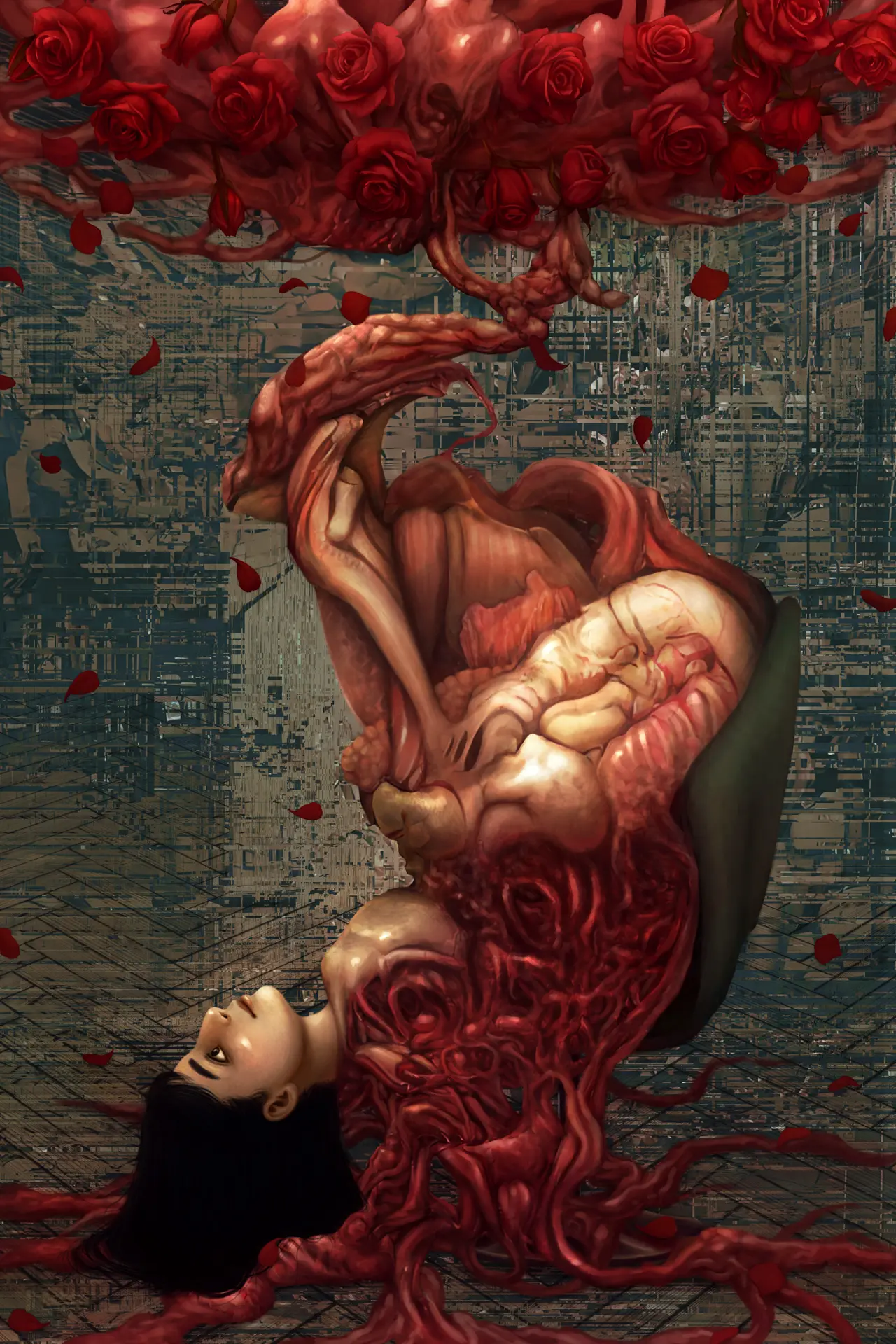 Digital painting of a woman with a serene expression, gazing off into nowhere. Her body, save for the head, is a confusing mess of fleshy entrails; and, though one may not notice them at a glance, roses bloom out of the viscera. The background is blurred and distorted, creating a dreamlike setting for the piece.