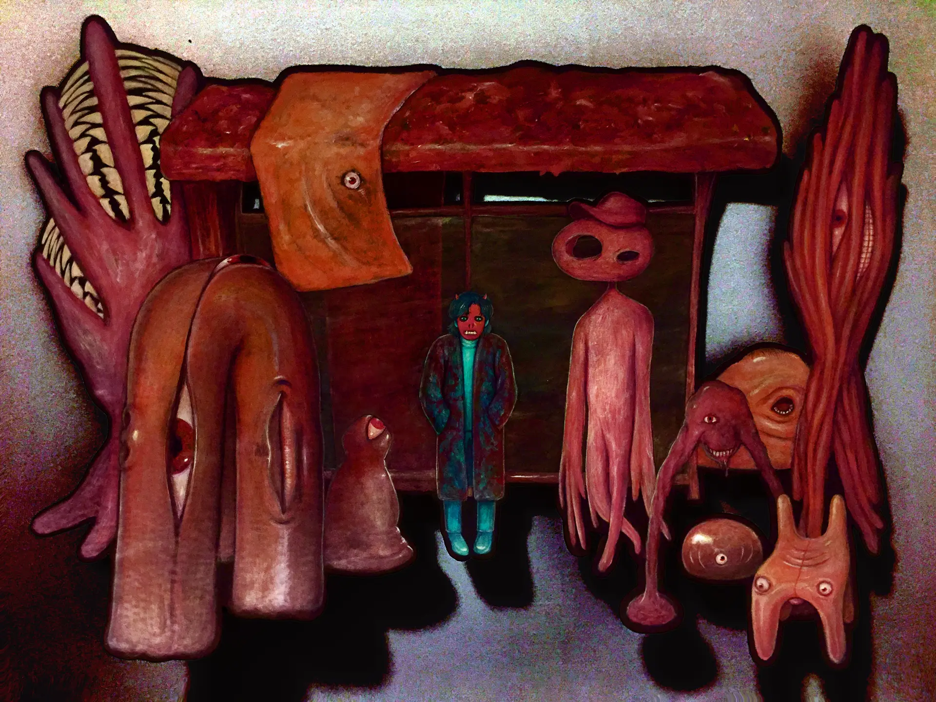 Acrylic painting of a hellish bus stop made of meat, where fleshy creatures of various shapes and sizes, all colored in shades of red, await their ride. In the center is a human attempting to blend in, wearing a red demon mask and teal clothes covered in crimson splatters. The creatures, unconvinced, stay some distance away from the freak, one of the smaller ones even staring at them.