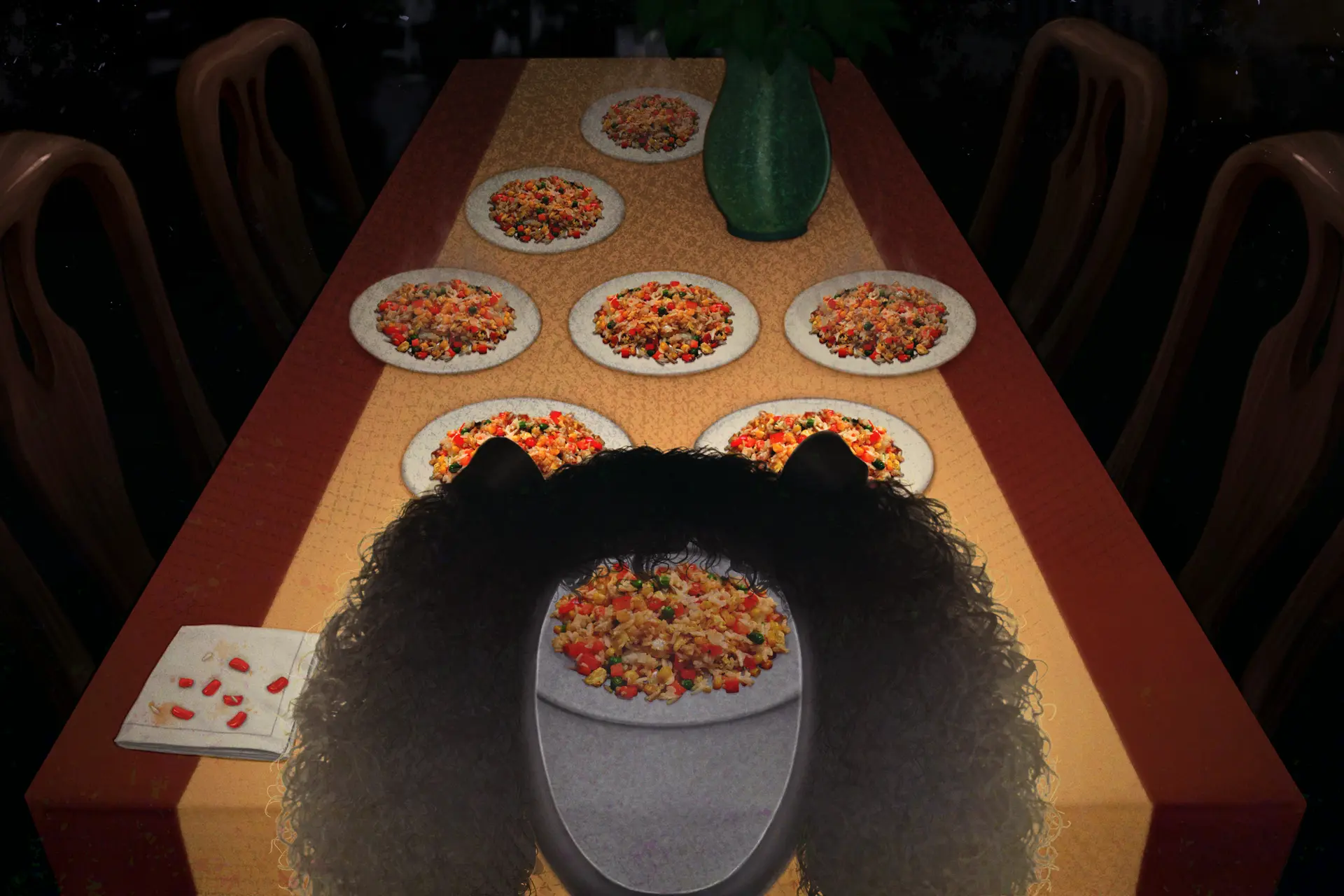 Digital collage depicting a young girl sitting at a dinner table, with a sea of near-identical plates in front of her. Her head has a large hole in it, covered by a thin film of skin through which everything but the plate of food in front of her appears in greyscale. There is a napkin on her left side, with picked-out bell peppers on top of it.