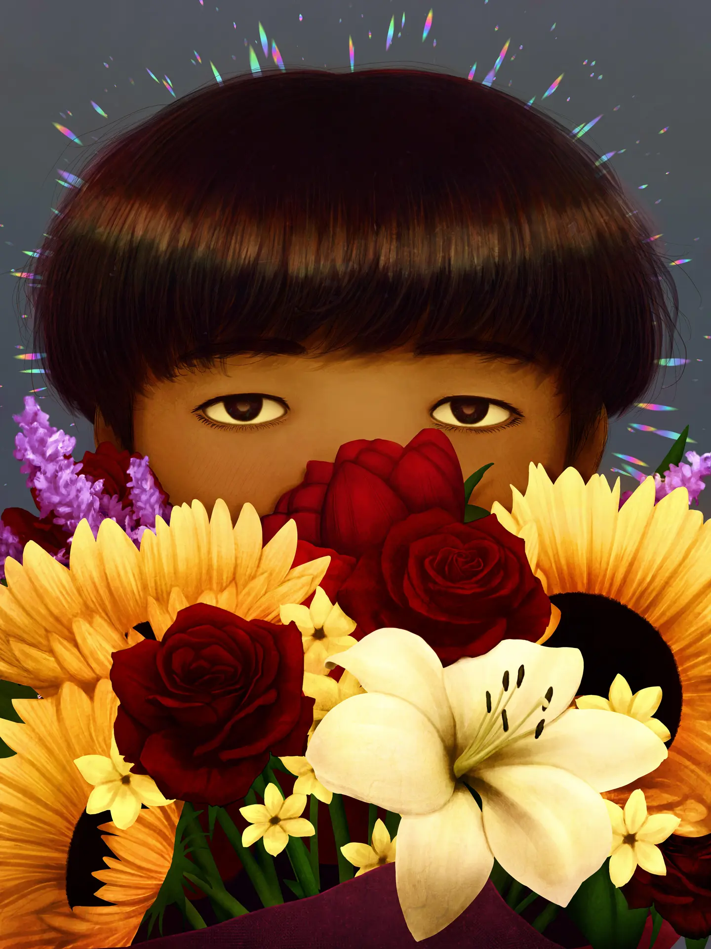 A semi-realistic digital painting of a close-up on Mob from Mob Psycho 100, with a large bouquet covering the lower half of his face. Mob is rendered with warm colors and the background is a desaturated blue tone.