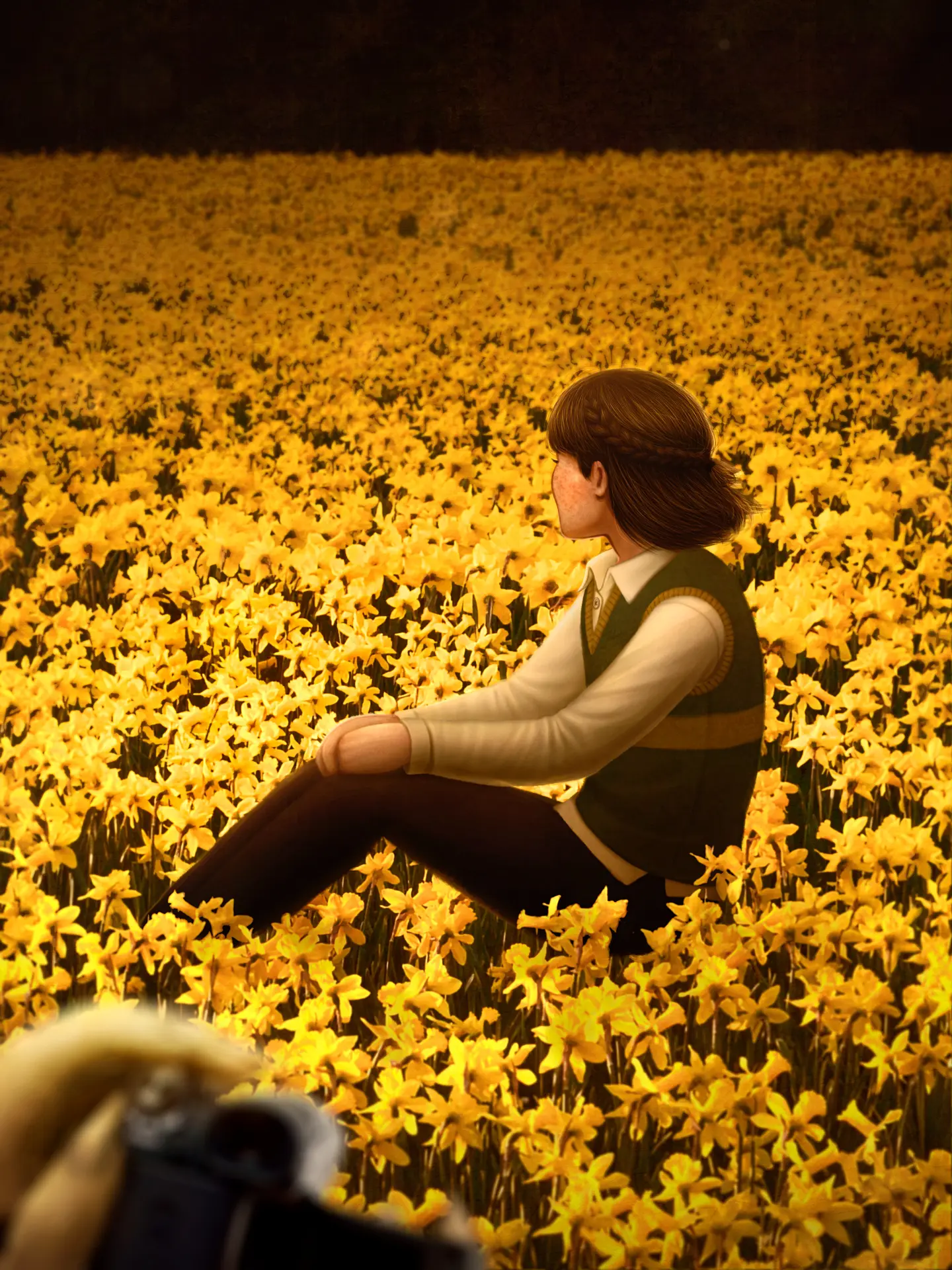 Digital painting of Chara Dreemurr sitting in a field of golden flowers, depicted as daffodils, head turned away just enough from the viewer that none of their facial features are visible. The color palette is tinted yellow, the flowers almost seeming to glow. In the foreground, blurred but still recognizable, is Asriel's hand holding a video camera; the video preview is black, implying the lens cap is still on.