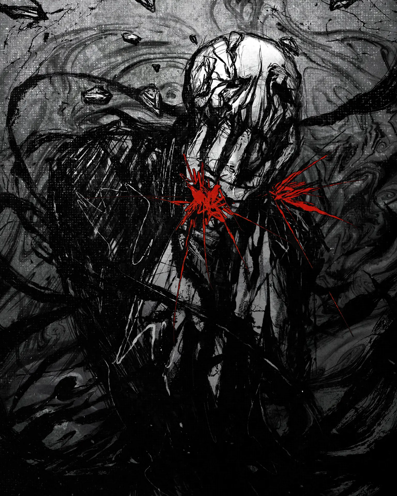 Messy black-and-white illustration of W. D. Gaster, frantically grasping his face with gloved hands – the holes in which are highlighted with a bright red, violently scribbled glow – as he is swallowed by a viscous dark matter. The scientist, bones melted and covered in deep cracks, barely resembles the skeleton monster he once was, with his broken grimace giving little indication as to whether he is in agony or in ecstasy.
